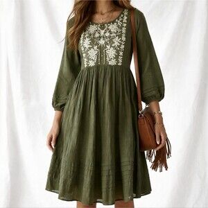 Embroidered Peasant Dress Pockets Knee Length Boho Green Rayon Size S